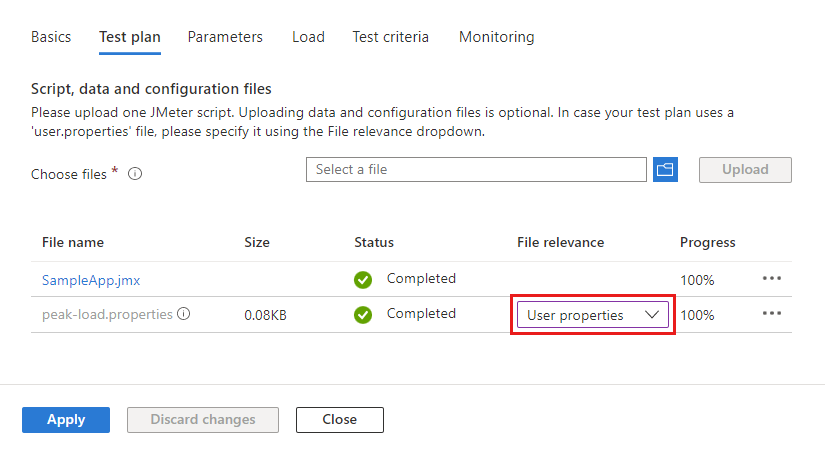 Screenshot that highlights the file relevance dropdown for a user properties file on the Test plan pane.