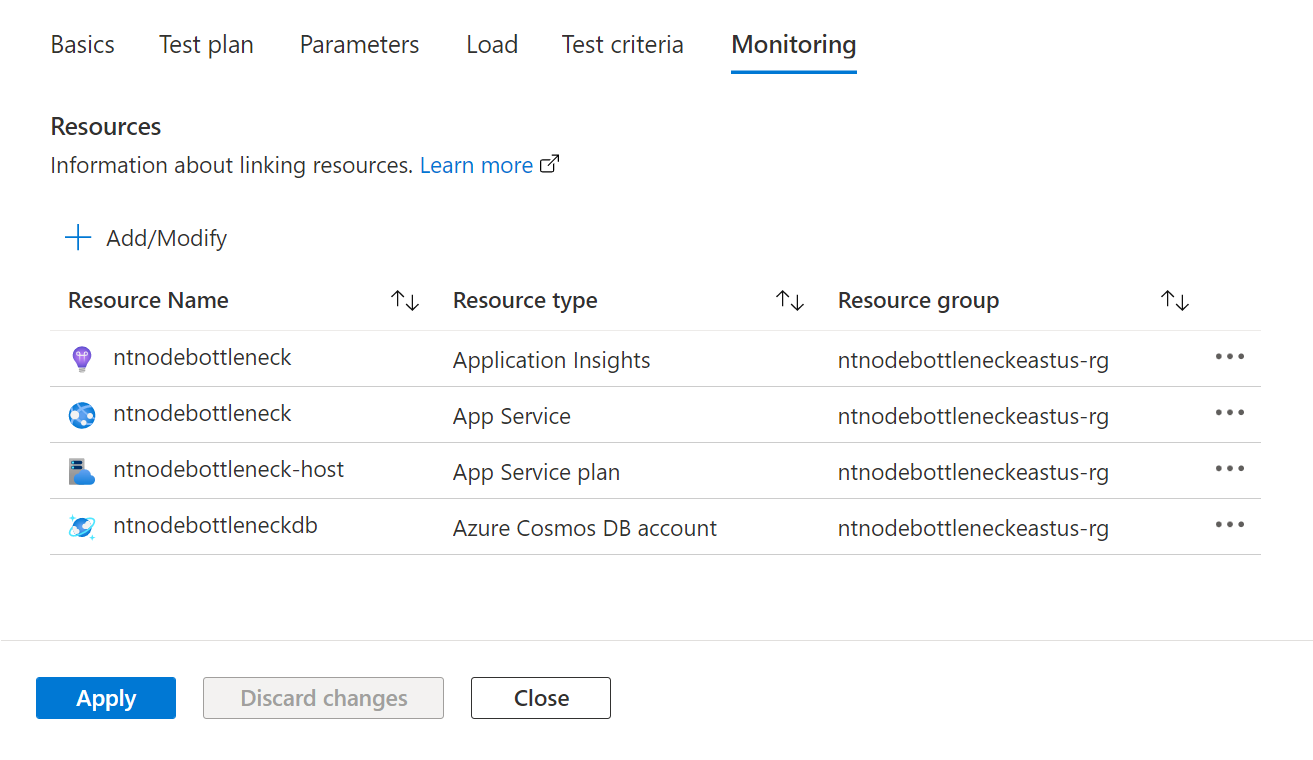 Screenshot that shows how to configure the Azure app components to monitor when creating a test in the Azure portal.