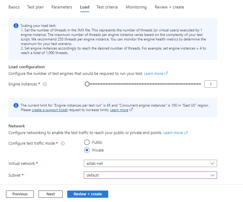 Screenshot that shows how to configure the number of test engine instances when creating a test in the Azure portal.