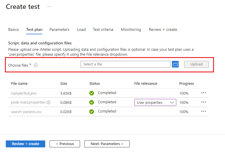 Screenshot that shows the test plan page for creating a test in the Azure portal, highlighting the upload functionality.