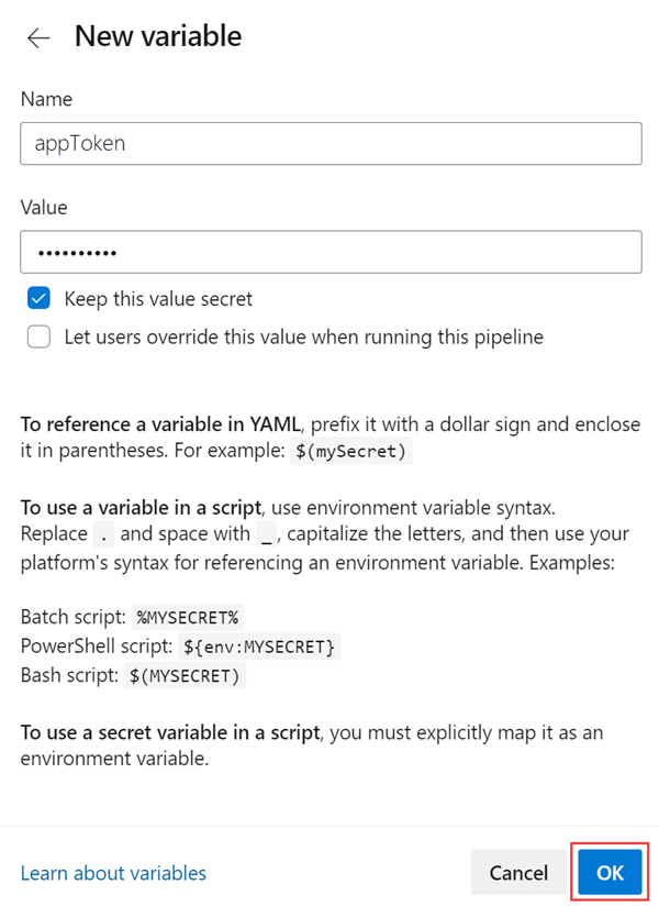Screenshot that shows how to add a variable to Azure Pipelines.