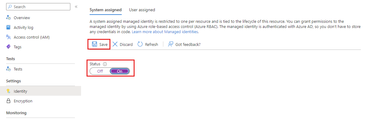 Screenshot that shows how to assign a system-assigned managed identity for Azure Load Testing in the Azure portal.