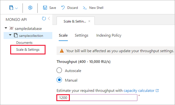 Screenshot that shows the updated Azure Cosmos DB scale settings.