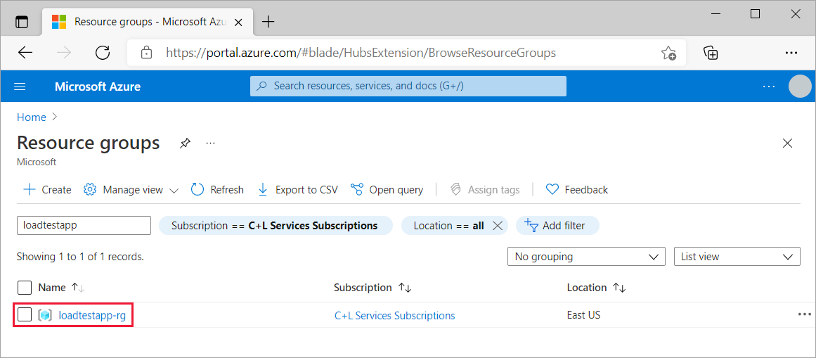 Screenshot that shows the list of Azure resource groups.
