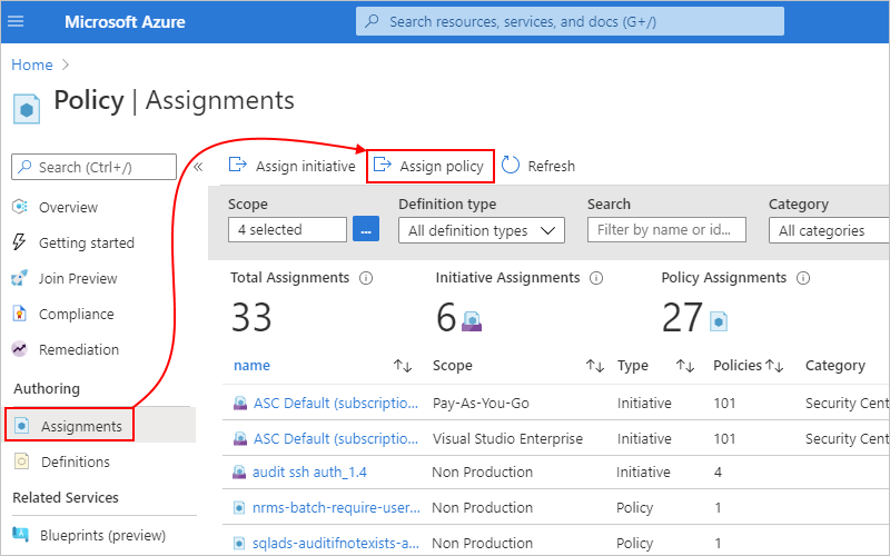 Screenshot showing "Assignments" pane toolbar with "Assign policy" selected.