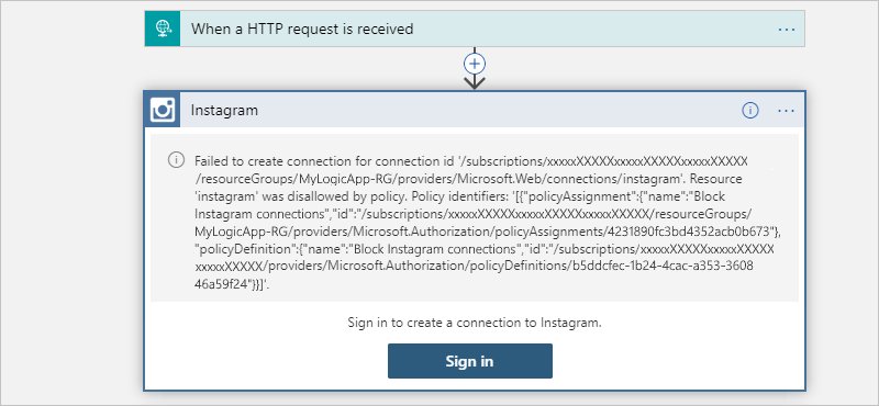 Screenshot showing connection failure due to applied policy.