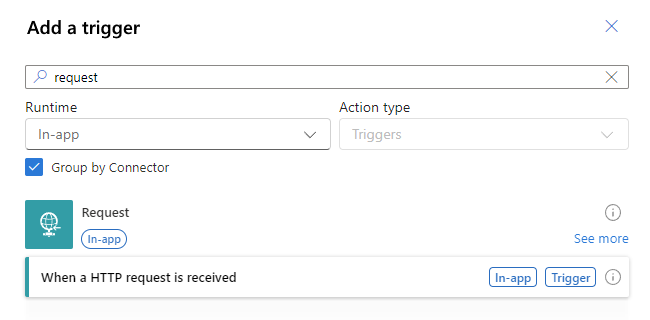 Screenshot shows workflow designer, Add a trigger pane, and selected trigger named When an HTTP request is received.