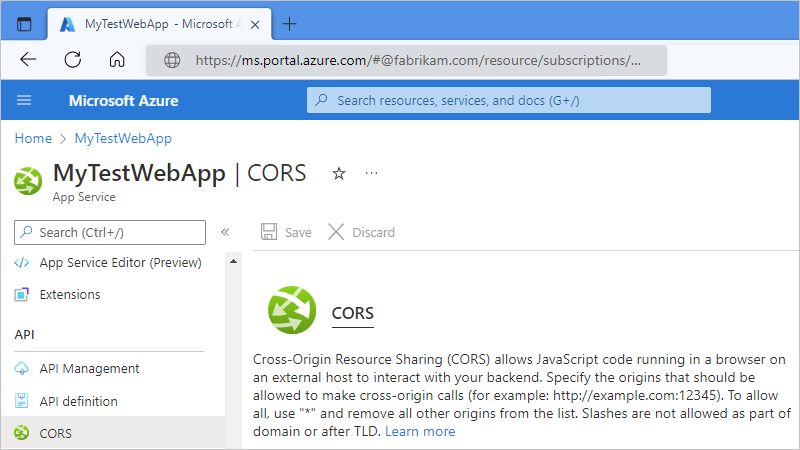 Screenshot shows web app's CORS pane with Allowed Origins set to *, which allows all.