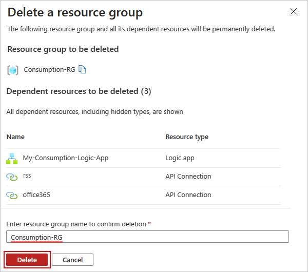 Screenshot shows Azure portal with confirmation pane and entered resource group name to delete.