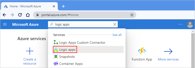 Screenshot shows Azure portal search box with the words, logic apps, and shows the selection, Logic apps.