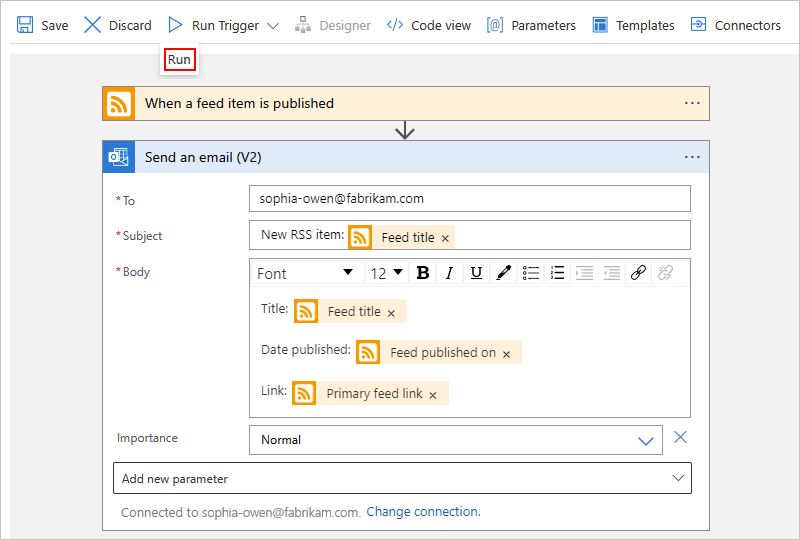 Screenshot shows workflow designer toolbar with selected option named Run.
