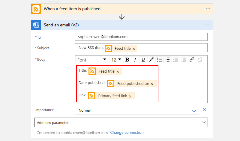 Screenshot shows action named Send an email, with selected properties inside the box named Body.
