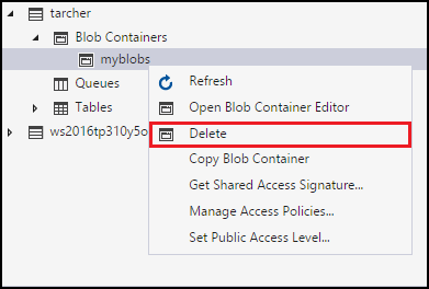 Delete blob container context menu