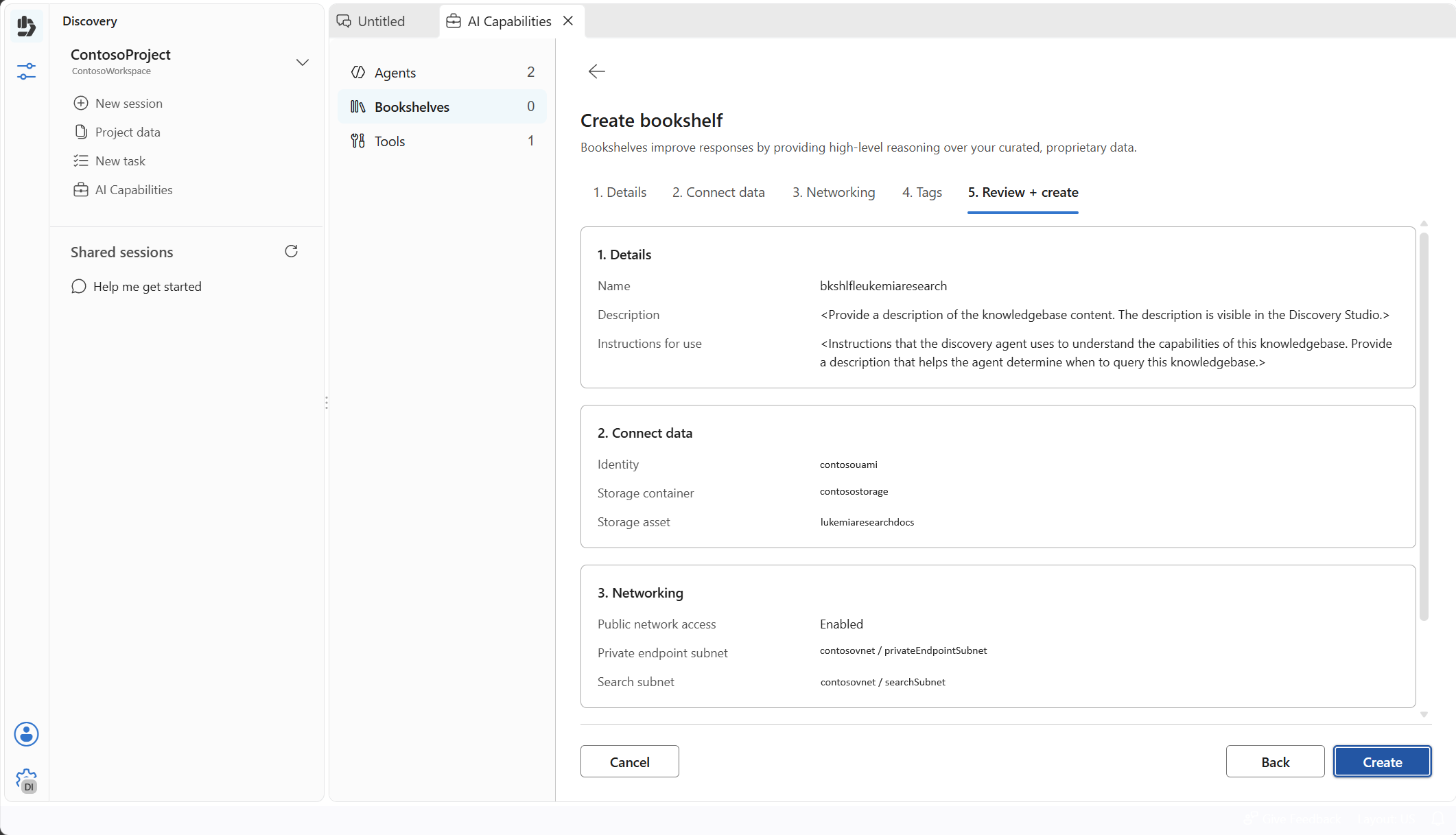 Screenshot that shows the Review step of the New Bookshelf wizard in Discovery Studio.