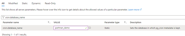 Screenshot that shows the parameter for cron database name.