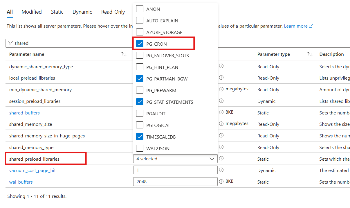 Screenshot that shows adding pg_cron to the parameter for shared preload libraries.