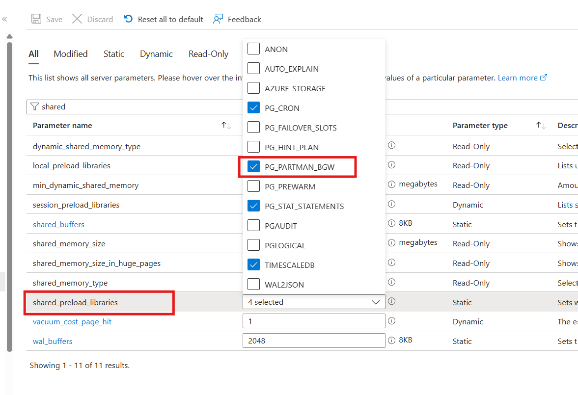 Screenshot that shows selection of the pg_partman_bgw extension.
