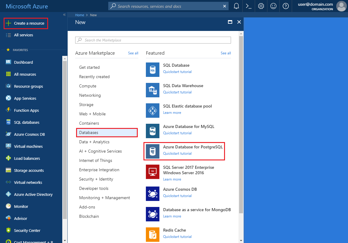 The Azure Database for PostgreSQL in menu