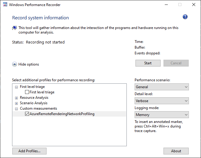 Screenshot of the Windows Performance Recorder with a selected AzureRemoteRenderingNetworkProfiling profile.