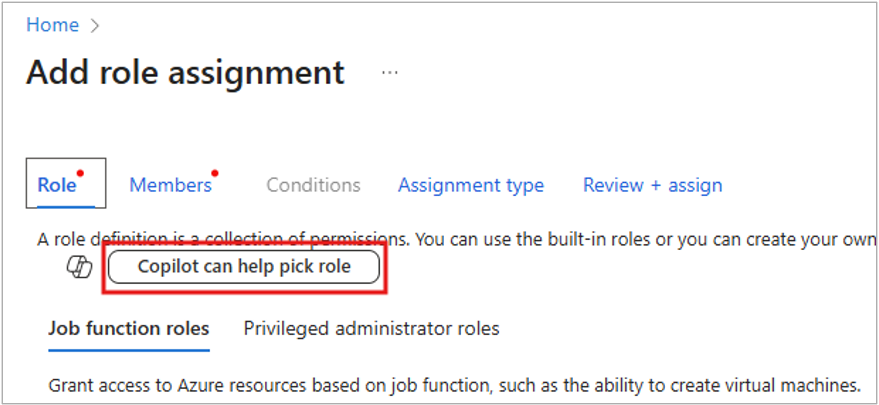Screenshot of Copilot button in the Add role assignment page.