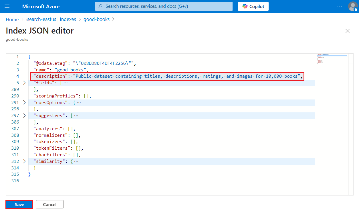 Screenshot of the JSON definition of an index in the Azure portal.