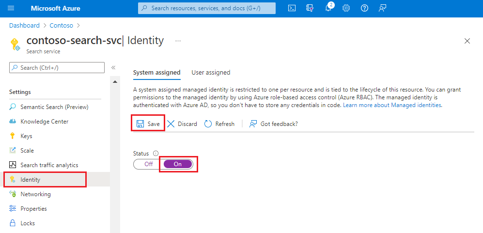 Screenshot of the Identity page in Azure portal.