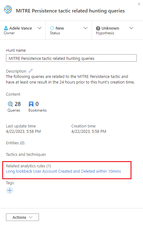 Screenshot showing hunt details with related analytics rule.