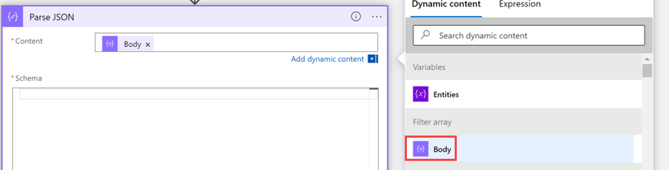Screenshot of selecting Dynamic content under Content.