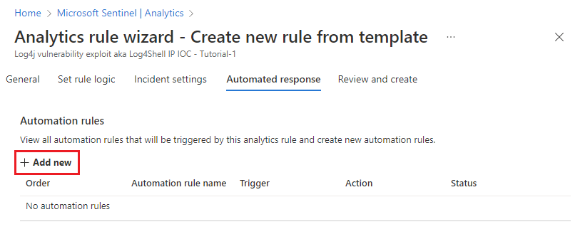 Screenshot of Automated response tab in Analytics rule wizard.