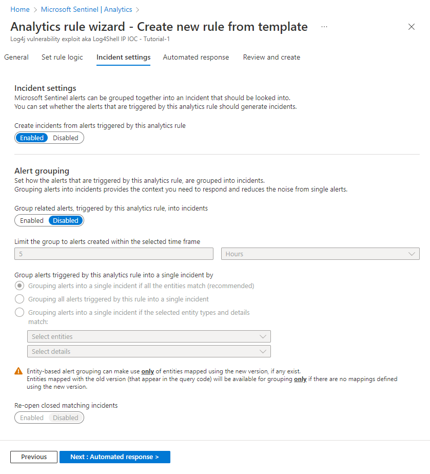 Screenshot of the Incident settings tab of the Analytics rule wizard.