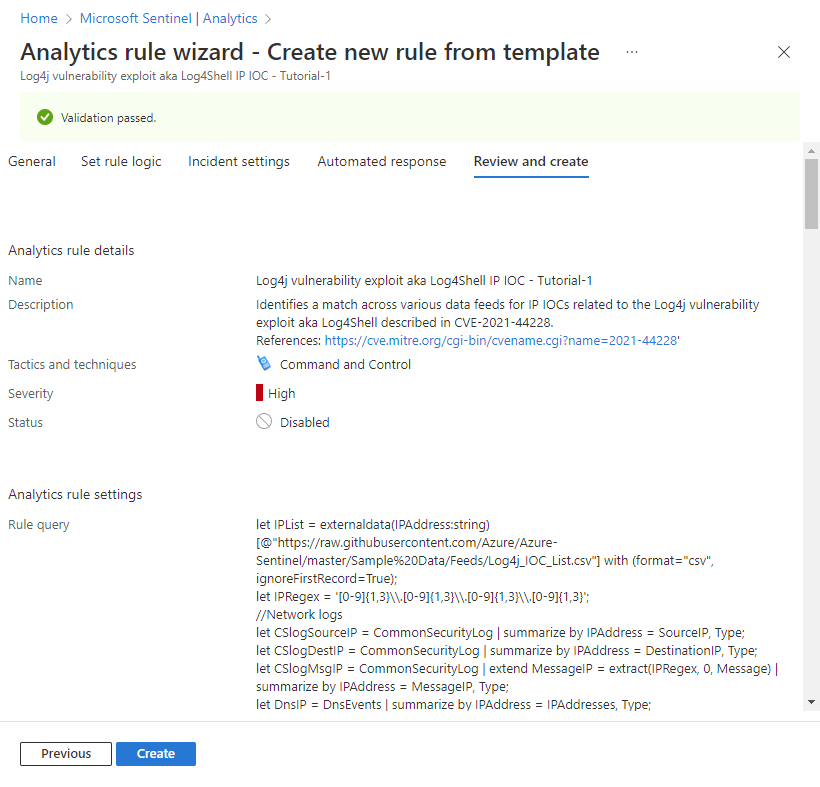 Screenshot of the Review and Create tab of the Analytics rule wizard.
