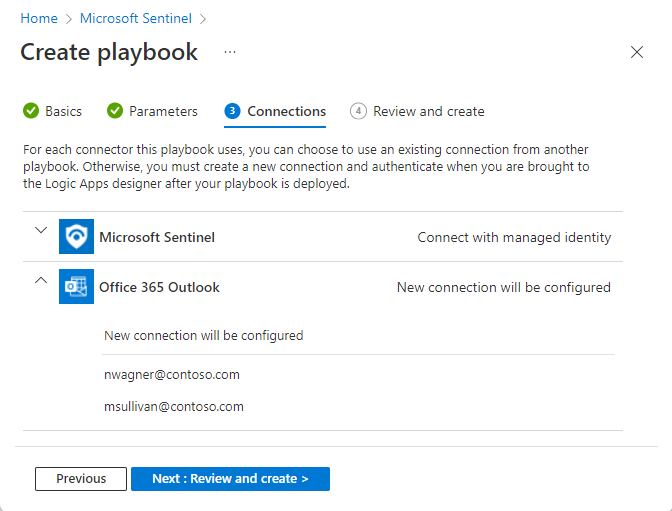 Screenshot of the Playbook creation wizard, connections tab.
