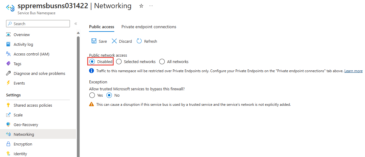 Screenshot of the Networking page with public network access as Disabled.