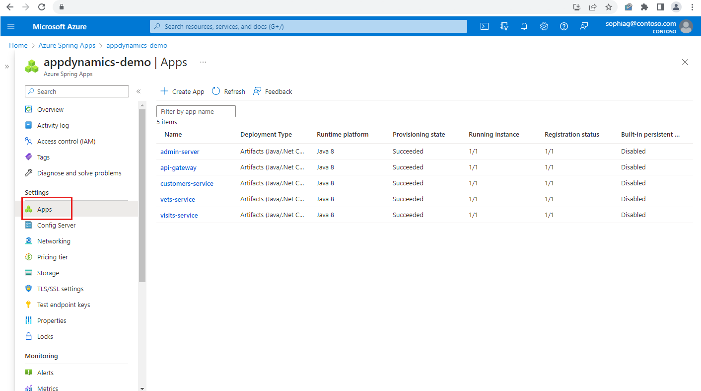 Screenshot of the Azure portal showing the Apps page for an Azure Spring Apps instance.