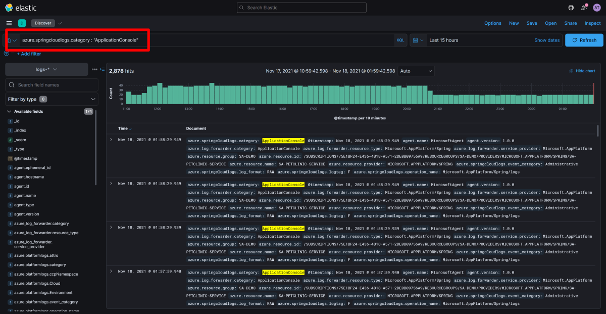 Elastic / Kibana screenshot showing Discover app with specific logs displayed.