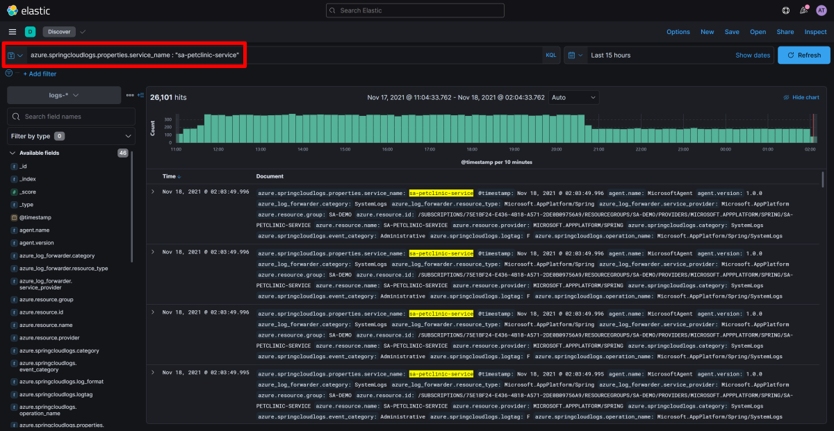 Elastic / Kibana screenshot showing Discover app with specific-service logs displayed.