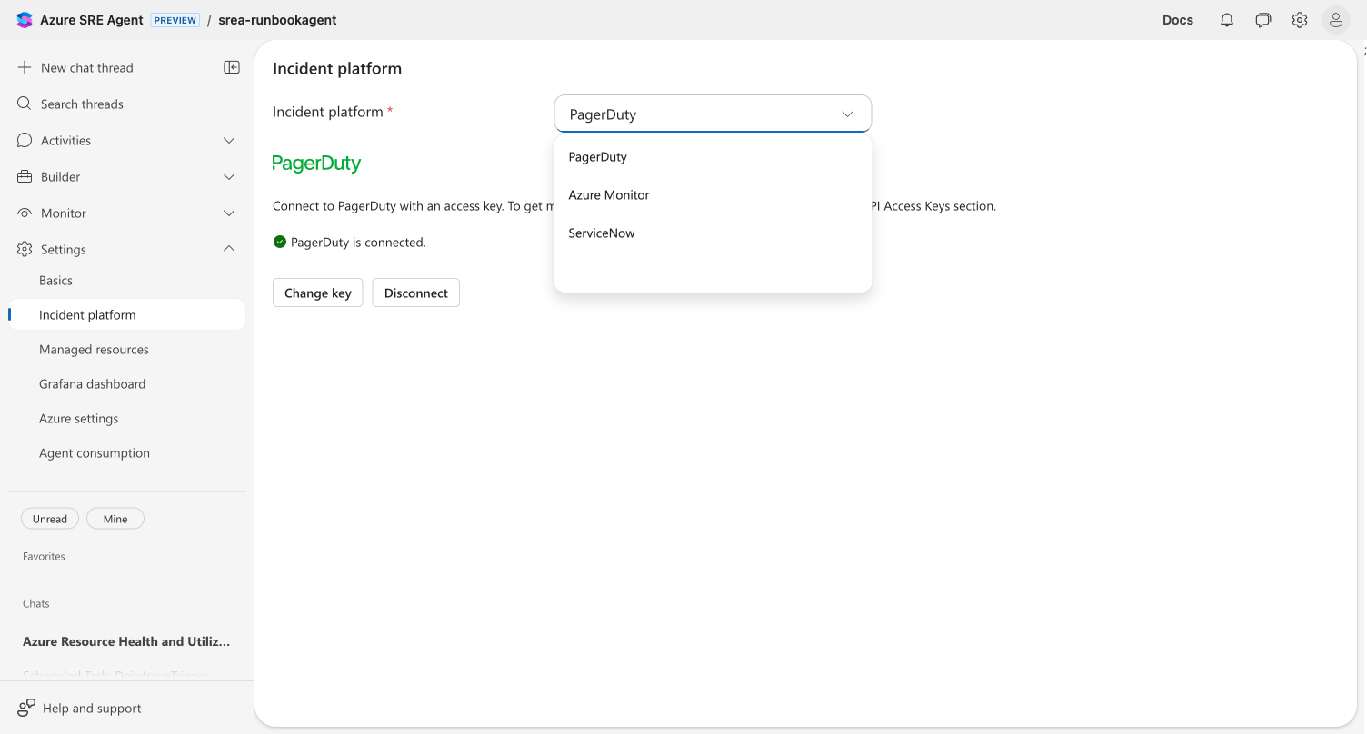 Screenshot of the Incident platform dropdown showing PagerDuty, Azure Monitor, ServiceNow, and Microsoft IcM options.