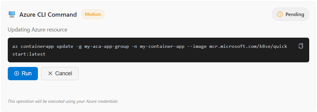 Screenshot of an agent requesting permission to fix a container app.