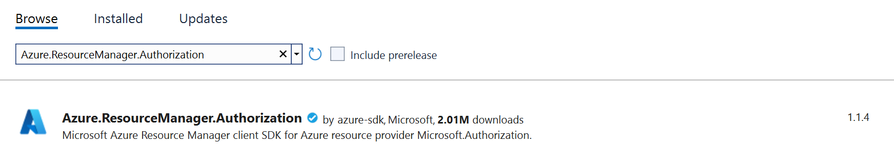 A screenshot showing how to add the Azure.ResourceManager.Authorization package using Visual Studio.