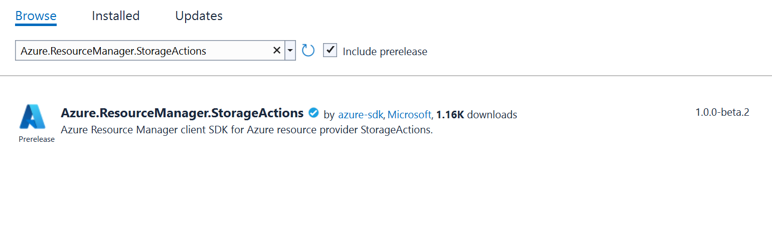 A screenshot showing how to add the Azure.ResourceManager.StorageActions package using Visual Studio.