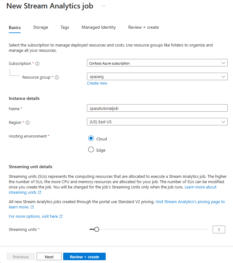 Screenshot that shows the Create Azure Stream Analytics job page.