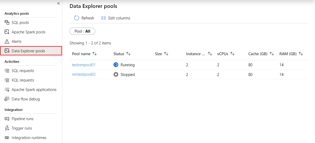 Select Data Explorer pools