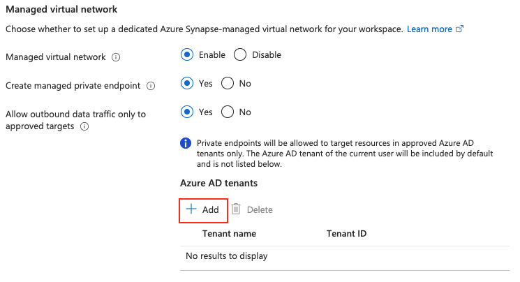 Screenshot of the Managed virtual network page, with the Add button for Azure Tenant Tenants highlighted.