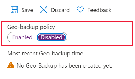 A screenshot from the Azure portal, of the disable geo-backup option.