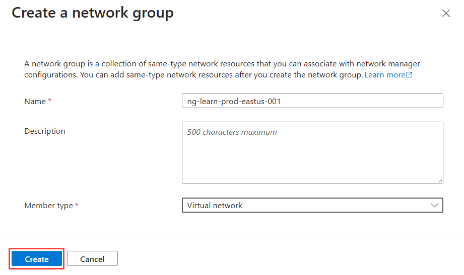 Screenshot of the Basics tab on Create a network group page.
