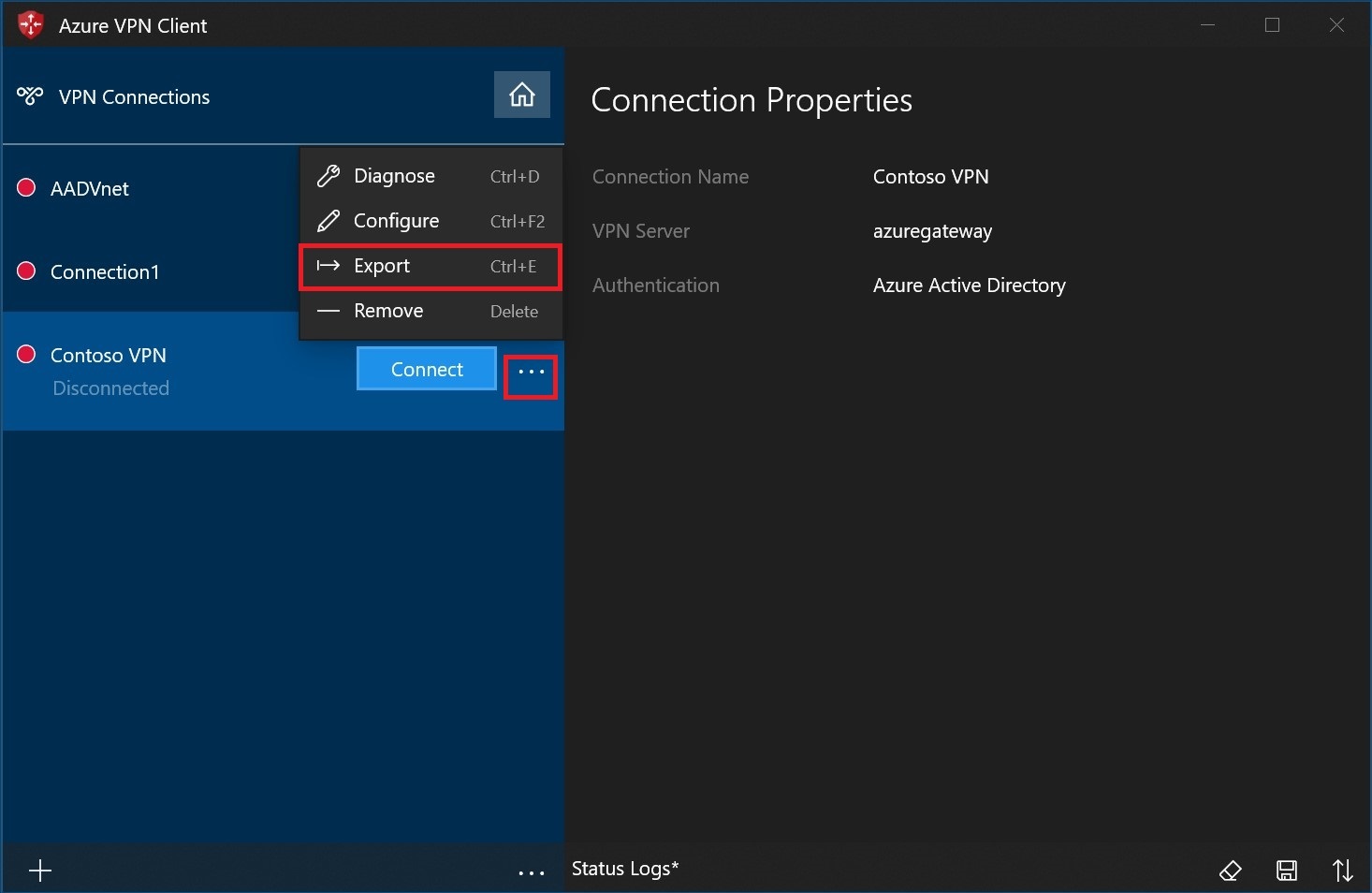 Screenshot that shows the "Azure VPN Client" page, with the ellipsis selected and "Export" highlighted.