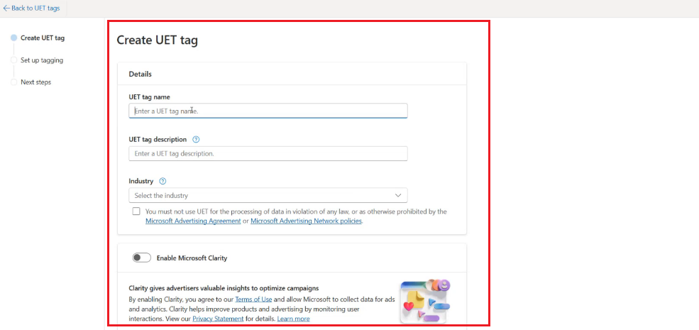 Enter UET tag details.