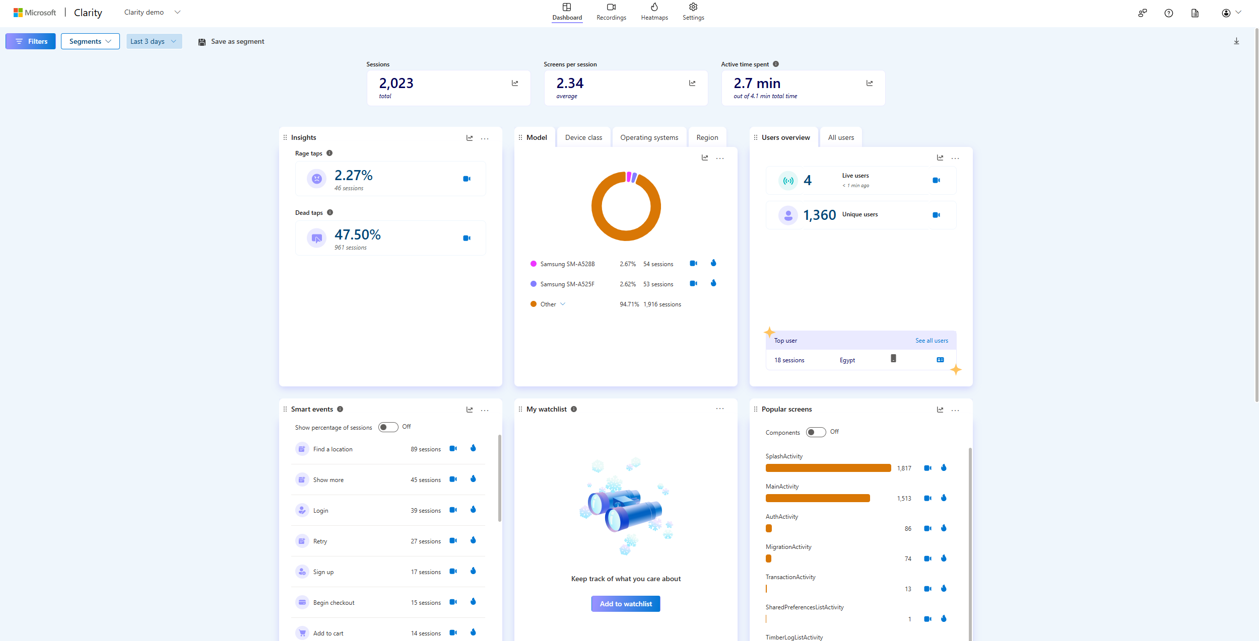 Clarity SDK dashboard.
