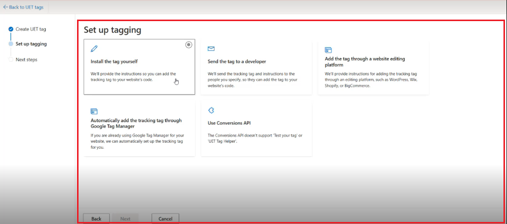 Select installation method for UET tag.