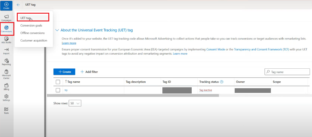 Select UET tag.